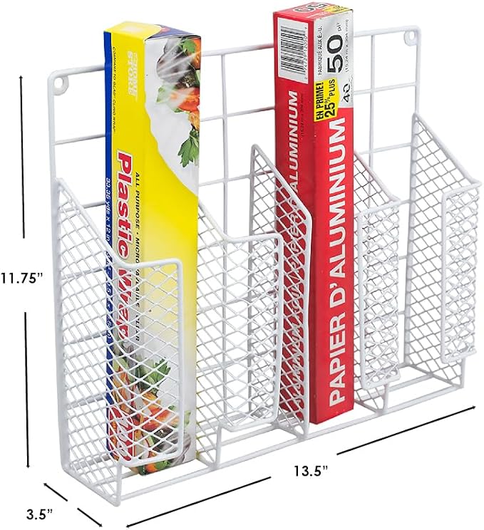 Home Basics Organizer Rust Resistant, Perfect for Food Storage, Silver Foil, Wax Paper, Sandwich Bags, Plastic Wrap-Mounts,White