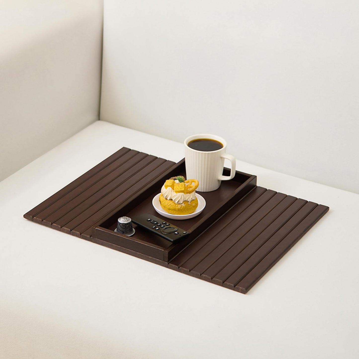 Bamboo Couch Arm Tray Table,Foldable Sofa Armrest Tray Table for Couch,Flexible and Anti-Slip Couch Arm Cup Holder,Portable Sofa Arm Chair Table for Drink,Cups, Eats,Snacks, Phone, Remote