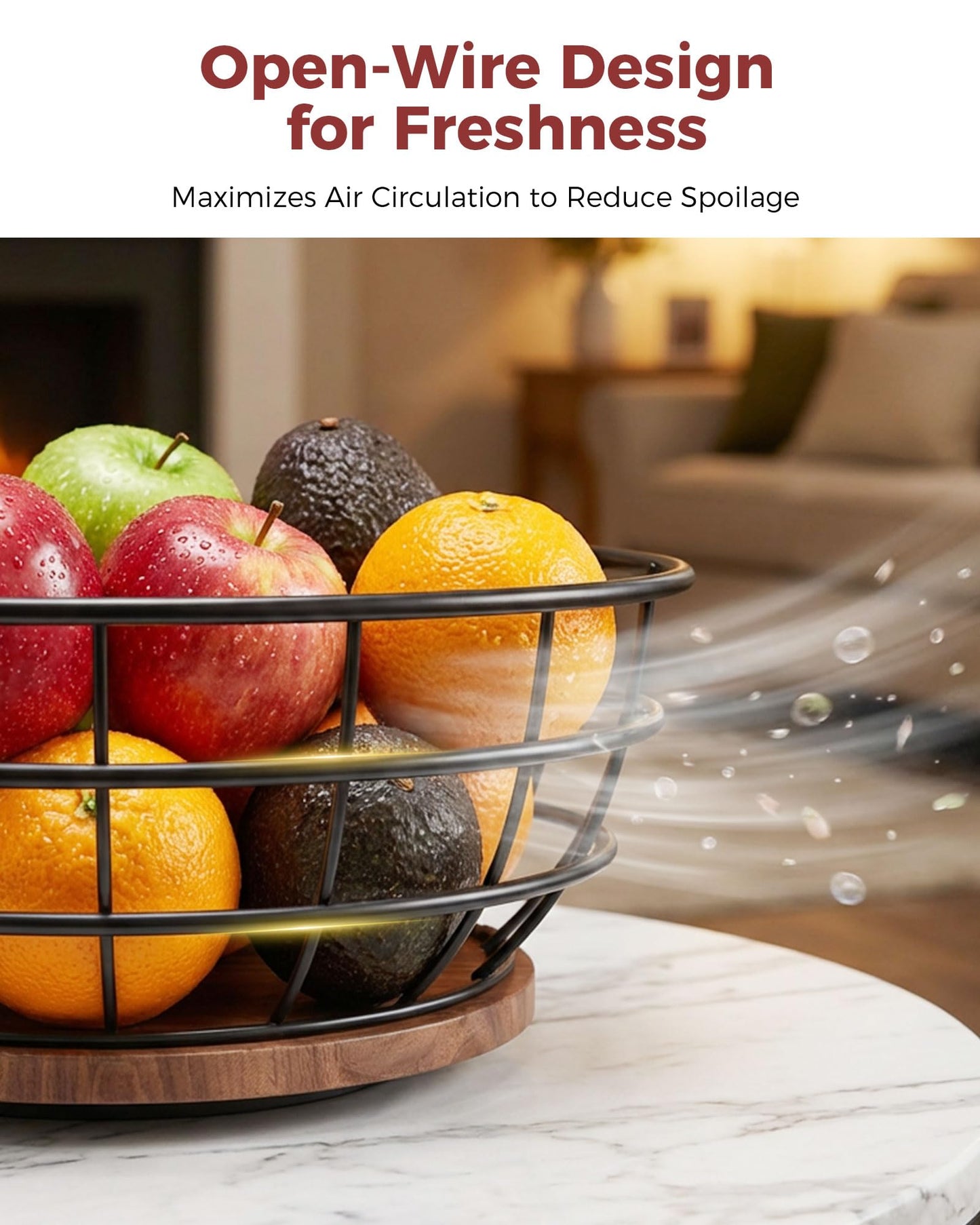 Sevenblue 360°Rotating Fruit Basket for Kitchen Counter with Upgraded Banana Hanger, 2026 Pro Metal Countertop Fruit and Vegetable Basket Bowl Storage with Wooden Non-Slip Base, Black
