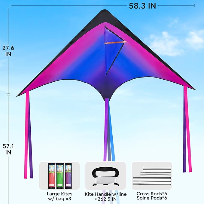 JOYIN Large Delta Kite Red, Green and Purple, Easy to Fly Huge for Kids and Adults with 262.5ft String, Large Delta Beach Kite for Outdoor Games and Activities