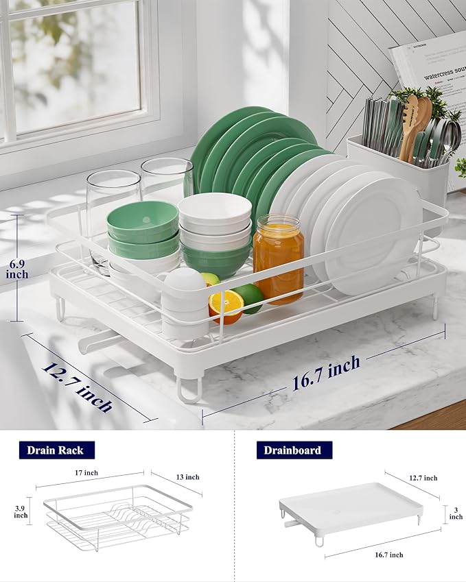 Kitsure Dish Drying Rack for Kitchen Counter, Stainless Steel Sink Organization and Storage Essentials with Cutlery Holder, Home and Appartment Decor, 12.7''W x 16.7''L, White