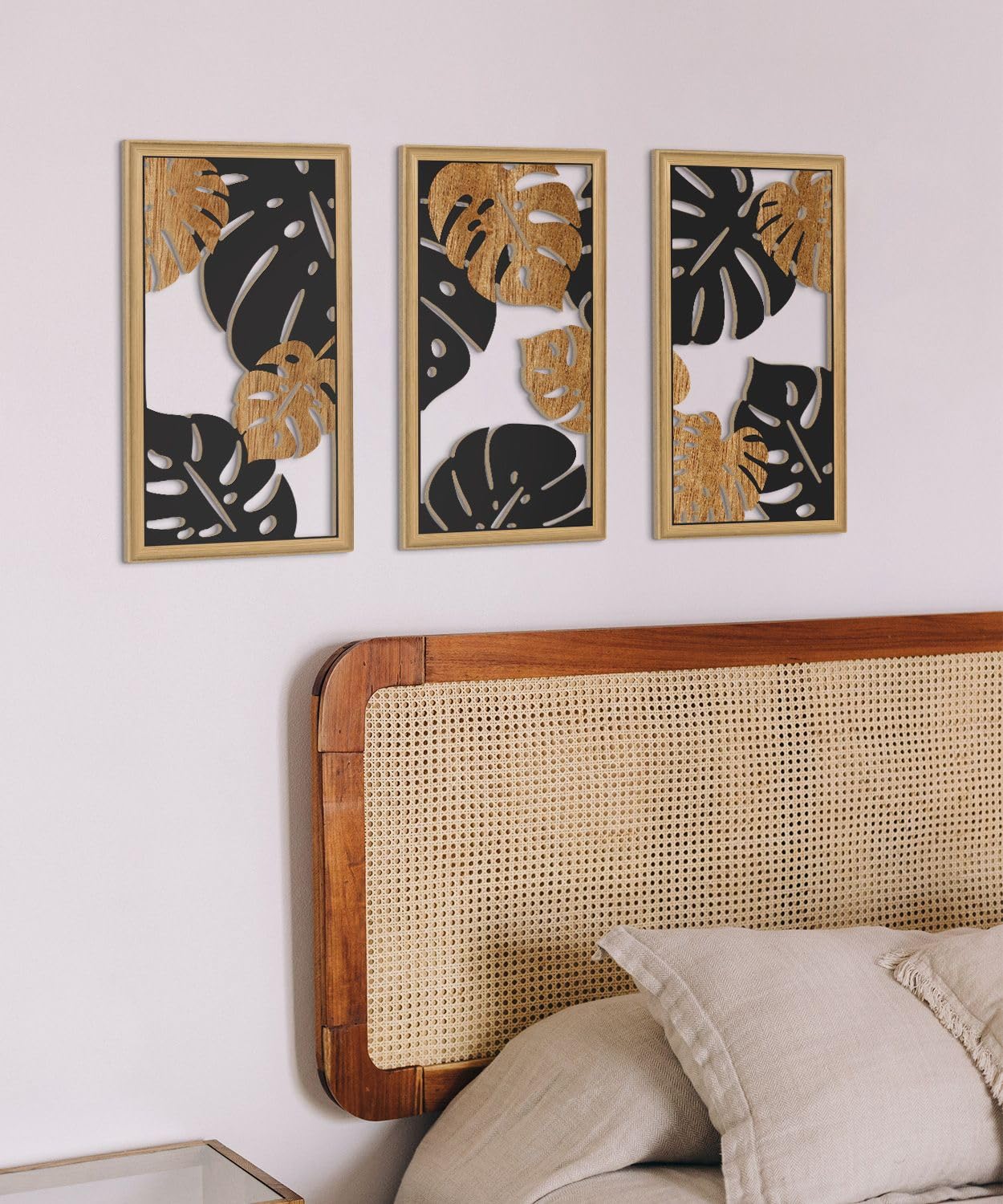 Putuo Decor Monstera Leaf Wall Art, Set of 3 Tropical Plant Aesthetic Boho Decor, Modern Black Botanical Art for Living Room Bedroom Office 16x8 Inches