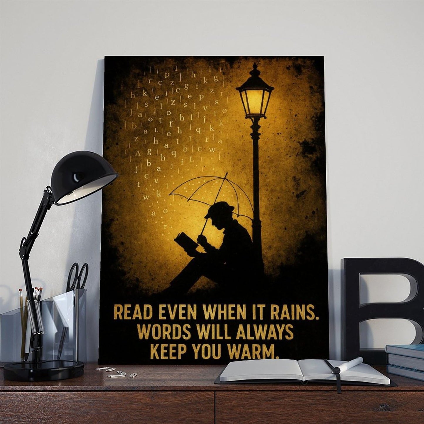 BMtyDG Readers on A Rainy Night, Ink Painting Style Literary Silhouette Canvas Poster Wall Art Prints Room Aesthetic Murals Bedroom And Living Decorations Frame 12x18inch