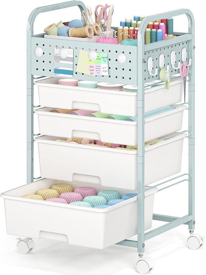 4 Drawer Rolling Storage Cart with Pegboard Top and Hooks, Mobile Organizer Cart with Wheels for Office Supplies, Craft Storage, Classroom Organization, Home Utility Cart, Green