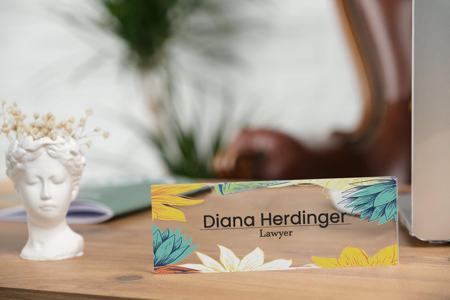 Personalized Desk Nameplate, Custom Acrylic Office Sign for Him Boss, Professional Name Plate for Coworkers, Custom Gift Idea for Office, New Job Gift, Coworker Gift, Phd Gift (Flower Design-1)