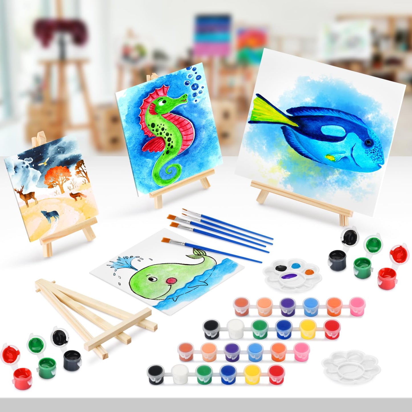 10 Set Canvas Painting Kit, 8 x 10In Canvas Boards with Easels, 12 Color Acrylic Paints, Brushes, Palettes, Art Supplies for Beginners – Paint and Sip Kit for Adults, Couples Painting Kit Date Night