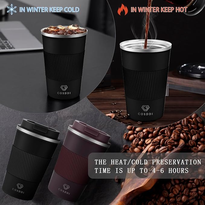 CS COSDDI 12 oz Stainless Steel Insulated Coffee Tumbler, Spill Proof Travel Mug with Lid for Hot & Cold Drinks, Car Cup Holder Friendly, Black