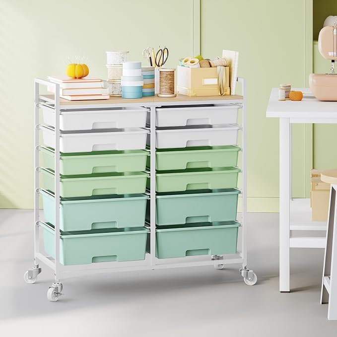 Rolling Storage Cart with 12 Drawers, Wooden Tabletop Utility Cart for Craft Storage, Art Supply Storage & Home Office Organization, Teacher Cart with Wheels for Classroom Organization, School (Green)
