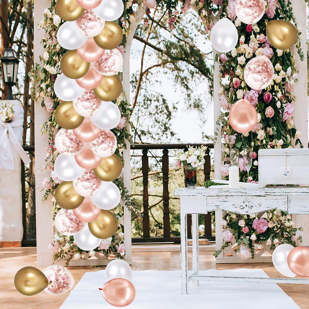 Rose Gold Confetti Latex Balloons, 60 Pack White Balloons 12 Inch with Gold Ribbon for Birthday Party, Wedding, Bridal Shower Decorations