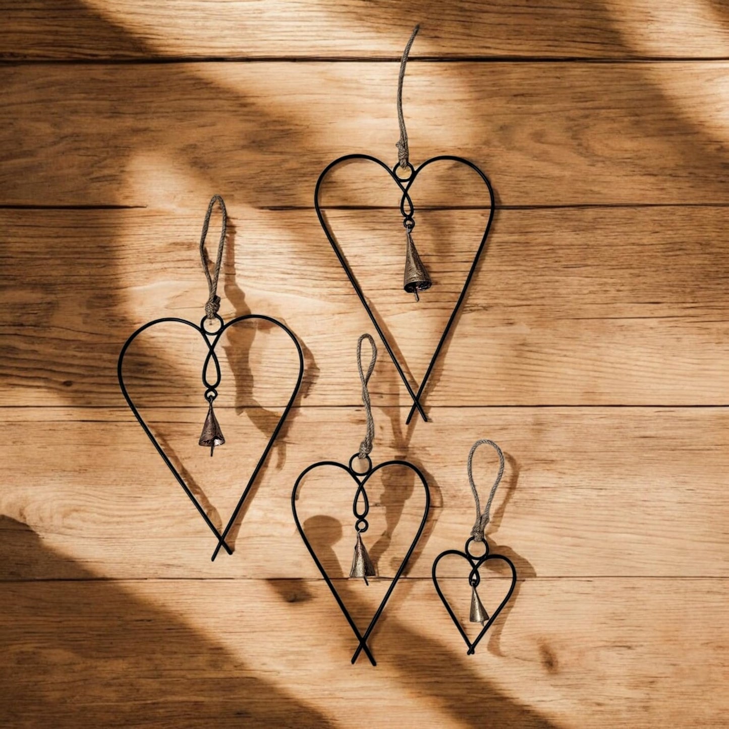 Mango Gifts Set of 4 Metal Heart Wall Art Decor with Bells | Black Love Heart Wall Sign Ornaments for Bedroom, Living Room & Home Decoration