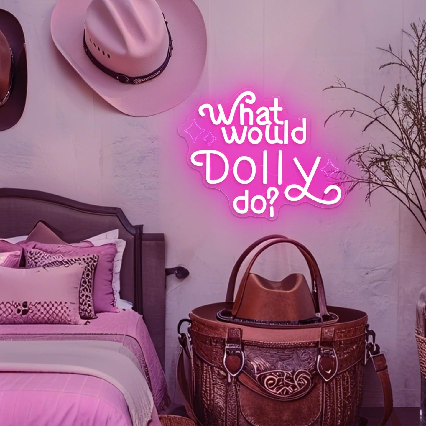 What Would Dolly Do Neon Sign for Wall Decor Cowboy Neon Led Sign Dimmable Inspired Neon Light Up Sign for Home Bedroom Decor Girls Themed Party Cowgirl Birthday Gift