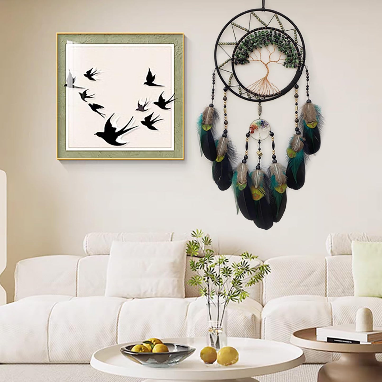 RAGKUU Black Large Dream Catcher Wall Decor Crystal Tree of Life Dream Catchers Handmade Feather Dreamcatcher Wall Hanging Ornament for Bedroom Living Room Home Decor