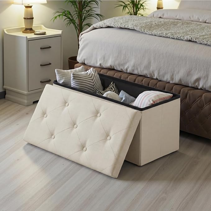 DUMOS 30in Storage Ottoman Bench, Foot Rest Stool Load 350Lbs,Storage Chest with Padded Seat, End of Bed Bedroom Bench for Living Room,Bedroom, Entryway Beige