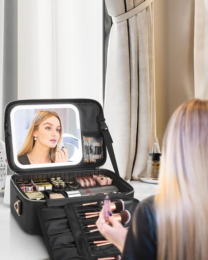 Chomeiu Makeup Bag with LED Mirror, Large Travel Cosmetic Train Case for Women, Makeup Artists Large Organizer Box with Vanity Light Up Mirror, 3 Color Lights, Adjustable Dividers (Black)