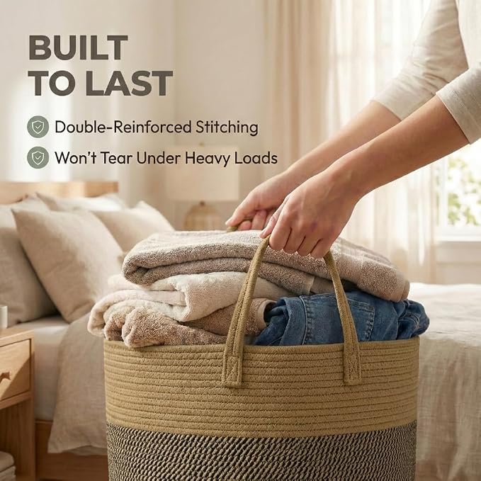 JMvicyroam 115L Extra Large Blanket Basket for Living Room - Woven Cotton Rope Laundry Hamper with Reinforced Handles - Storage Bin for Pillows, Comforters & Toys - Machine Washable,Jute&Black