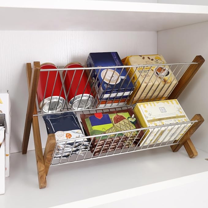 HTB Dish Drying Rack 2 Tier,Collapsible Stainless Steel & Teak Wood Dish Drying Rack,Foldable Dish Drainer for Plates,Cups,Kitchen Counter,Home,Apartment