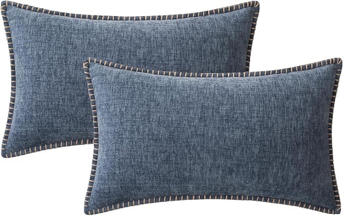 MIULEE Pack of 2 Lumbar Throw Pillow Covers 12x20 Inch Dark Grey Blue Farmhouse Decorative Pillow Covers with Stitched Edge Soft Chenille Solid Dyed Pillow Covers for Couch Sofa Bed Living Room