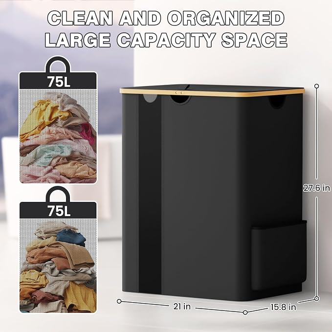 BlissTotes Laundry Basket with Lid, 150L Clothes Laundry Hamper with Handles and 2 Removable Laundry Bags, Breathable Design Hamper with Lid for Bedroom, Bathroom, Dorm, Laundry Room -Black
