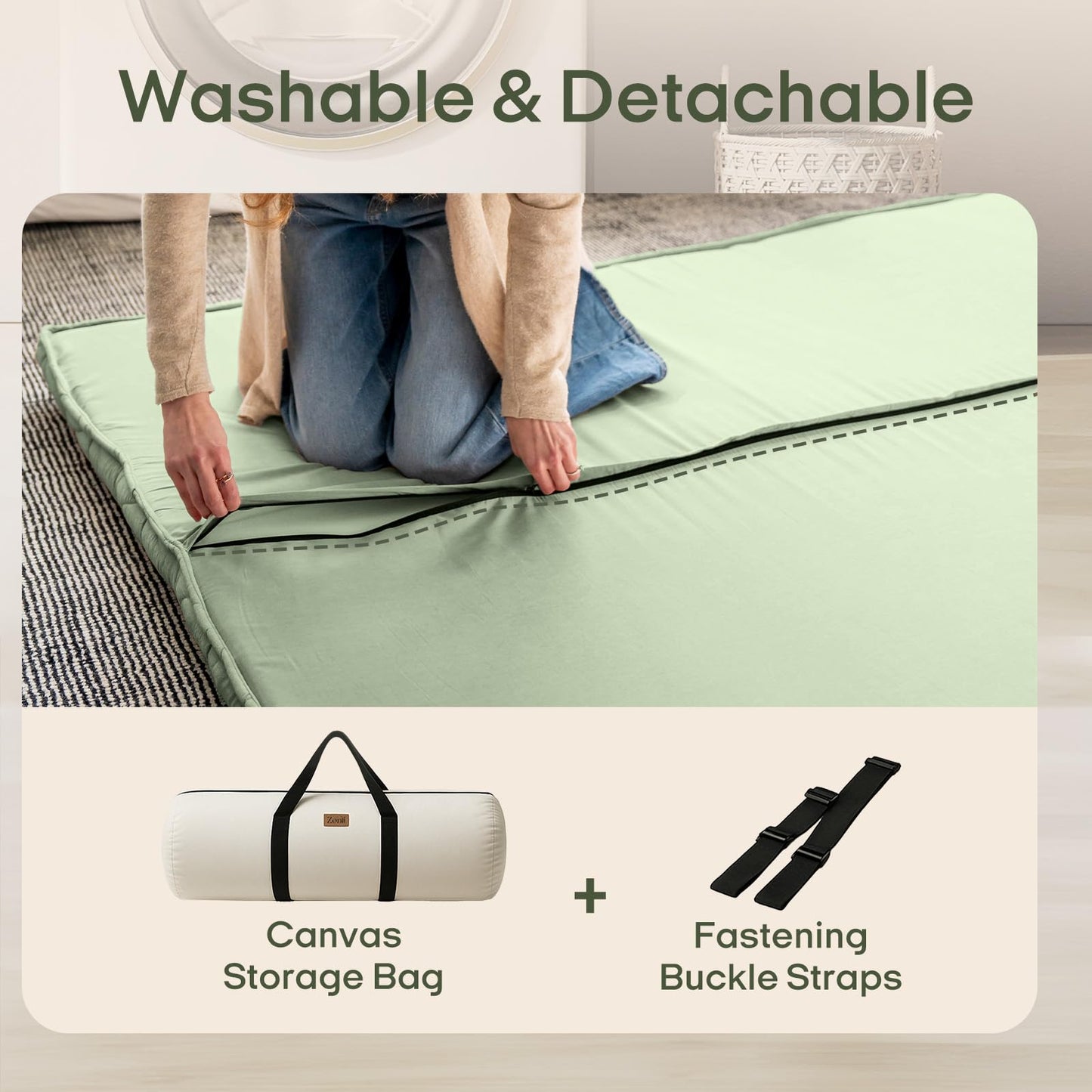 ZonLi Japanese Floor Mattress Futon Mattress Twin Size, Thicken Roll Up Tatami Mat 100% Cotton Washable Cover, Portable & Foldable Floor Bed Mattress for Sleeping, Dormitory, Adult Kids, Green