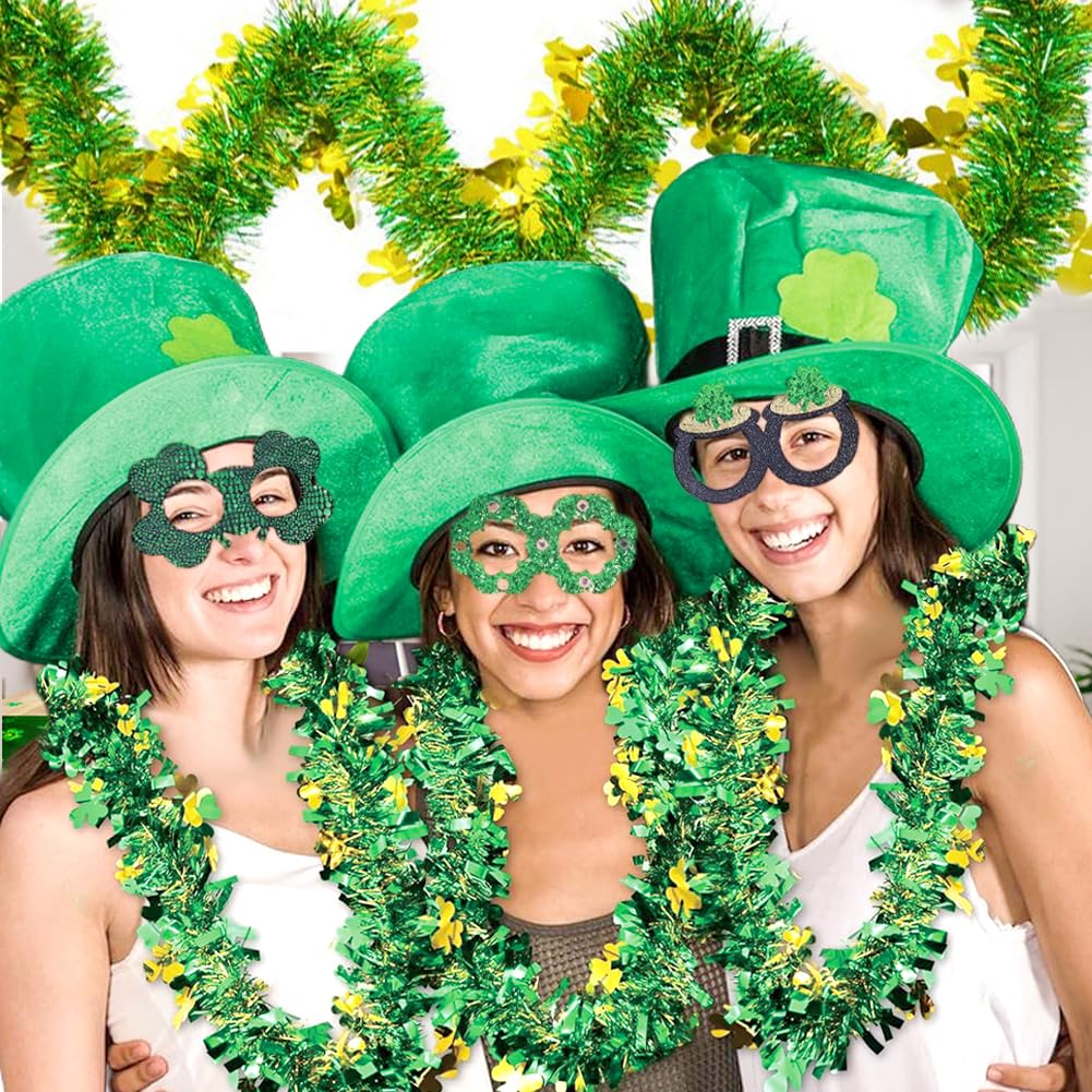 66 Ft St.Patrick's Day Tinsel Garland Decorations Shiny Thick Green Garland with Gold Shamrock Design Irish Holiday Clover Hanging Decor for Home Indoor Outdoo Saint Patrick's Day Party Supplies