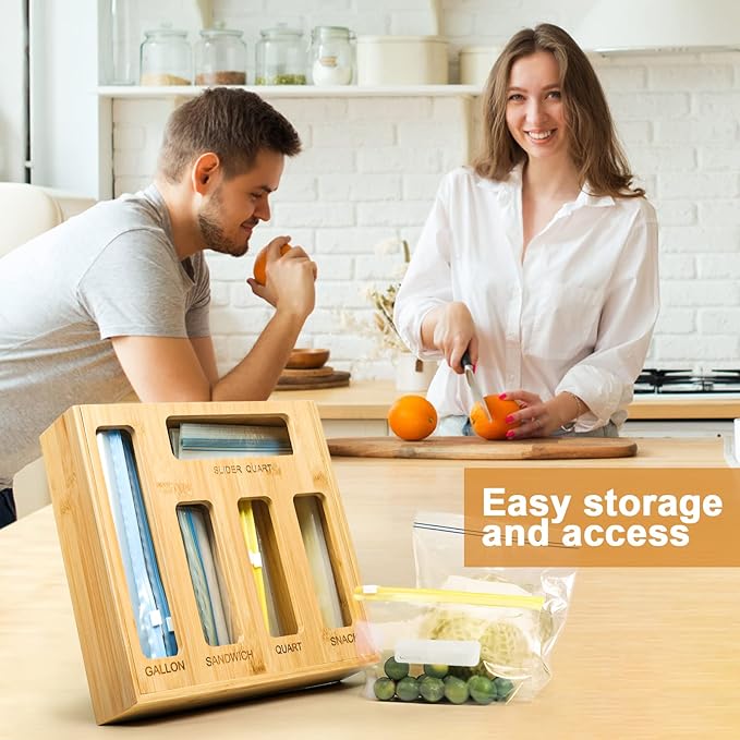 DUJEN Plastic Bag Organizer for Drawer, Bamboo Food Storage Bags Container Organizer with Slider, Baggie Bags Storage for Drawer Compatible with Gallon, Sandwich Variety Size Bags
