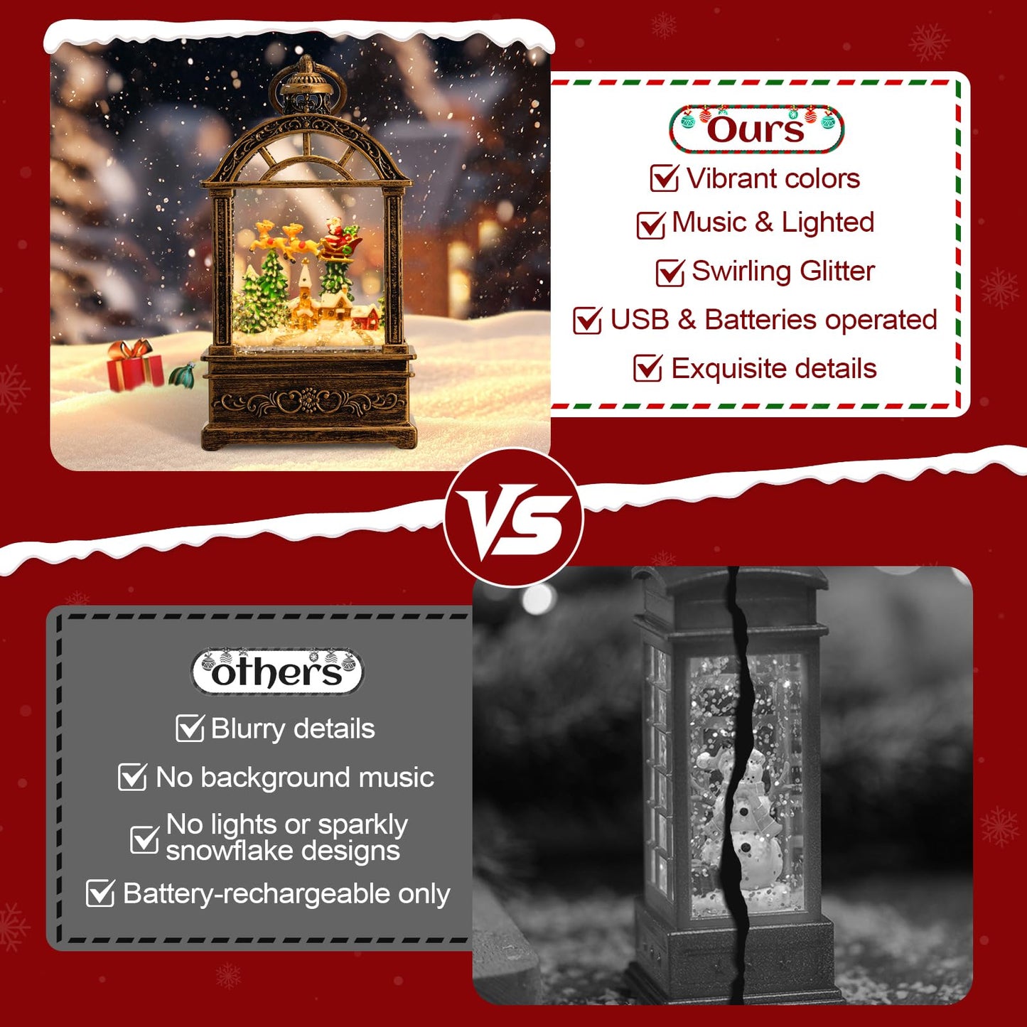 Snow Globe Christmas Lantern Decorations - 9.8”USB Plug-in & Battery Operated Music can be Turned Off,Portable Creative Water Glitters Lighted Music Christmas Snow Globe Lantern for Christmas Decor