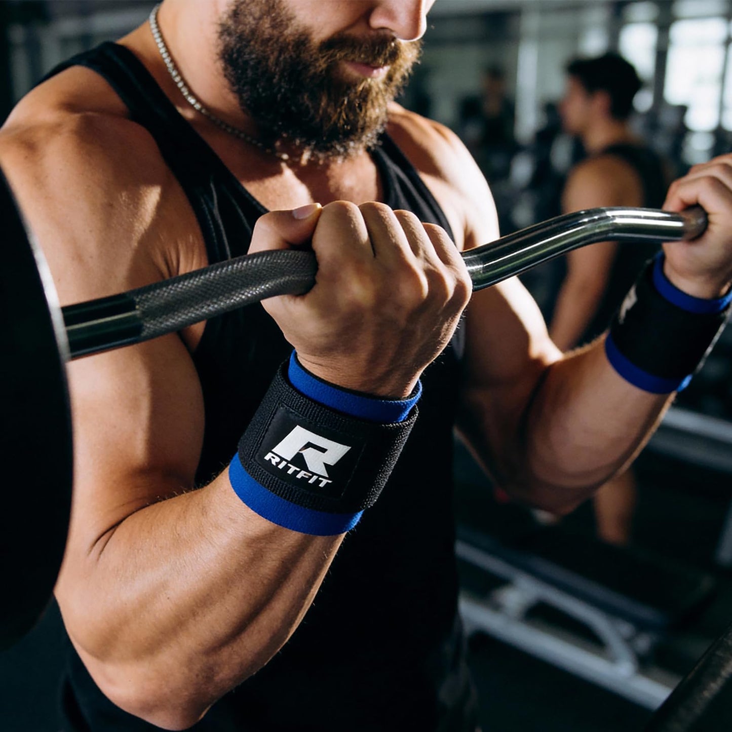 RitFit 2 Inch EZ Curl Bar with Weights, 350LBS Capacity Olympic Barbell for Bicep & Triceps, Home Gym Strength Training,with 85LBweights and Wristband
