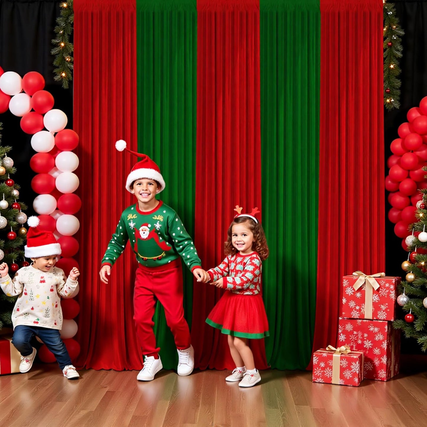 GEWONELIFE Christmas Backdrop Curtain - 10×7ft Red & Green Holiday Party Background Decor for Xmas Tree Photos, Home Festive Wall, Mall Santa Booth, Reusable Winter Celebration Decoration for Families