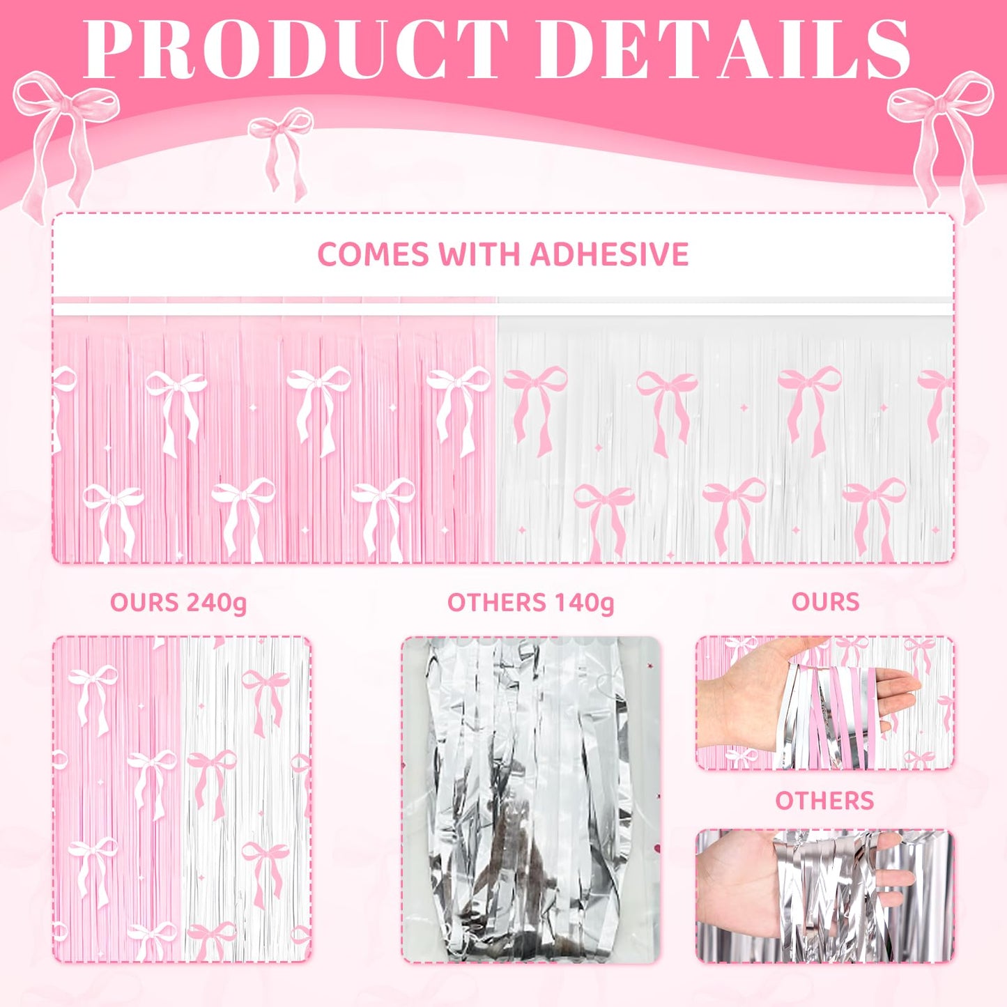 4 Pack Pink Bow Party Backdrop Decoration Pink Bow Foil Fringe Curtains for Girls Bow Birthday Baby Shower Decorations Bridal Shower Bachelorette Party Decor Supplies 3.2ft X 8.2ft