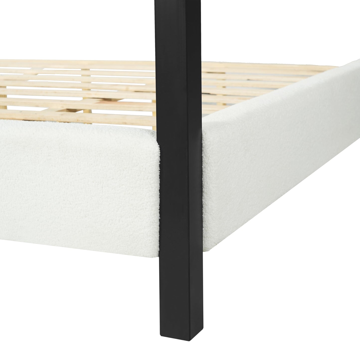 Merax King Size Modern Canopy Bed Frame, Merax Black Metal Platform Bed with Bouclé Upholstered Headboard, Four-Poster Design Wooden Slats Support Bedroom Bed Frame