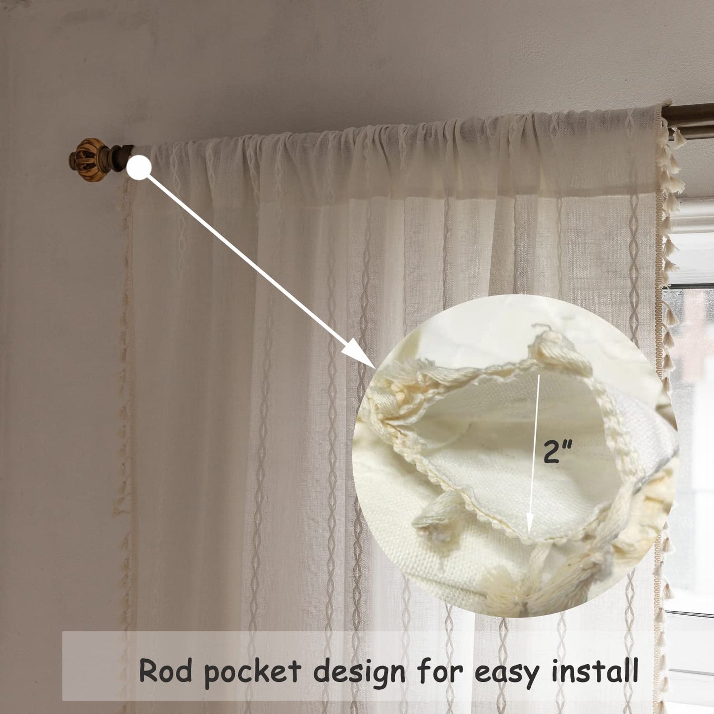 BCLBUSTE Boho Curtains - Embroidery Linen and Cotton 63 Inch Length 2 Pannels for Living Room, Cream Off White Light Filtering Farmhouse Curtains with Rod Pocket Draperies 52" W x 63" L
