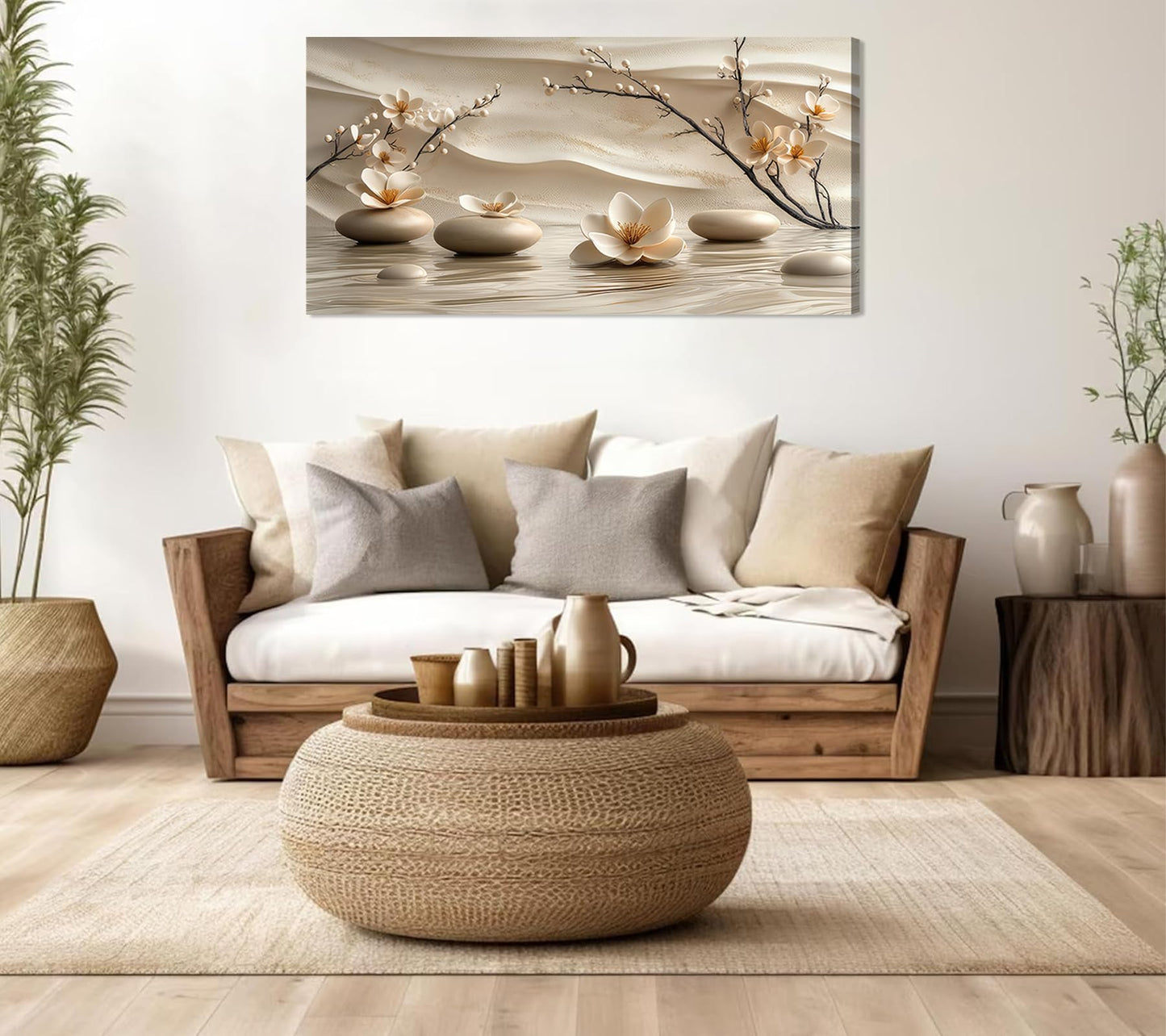 FEACFQKJ Zen Canvas Wall Art White Lotus Wall Decor Print Artwork Lotus Flowers Bloom Stones Spa Painting Pictures for yoga meditation room decoration 16x32in