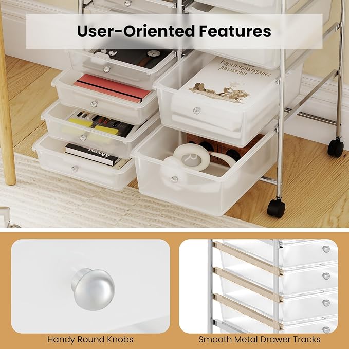 Giantex 15 Drawer Rolling Cart with Drawers, Storage Organizer Cart for Classroom Office School Teacher, Mobile Drawer Cart for Tools, Crafts, Small Printer, Clear