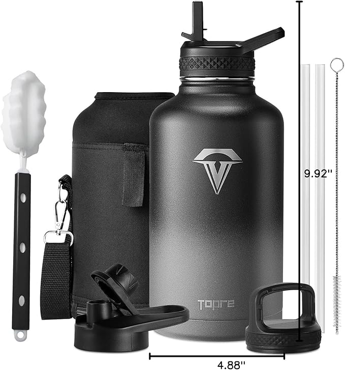 Insulated Water Bottle, 64 oz Stainless Steel Water Bottles with Straw, Leak Proof & BPA Free, Reusable Jug Thermo Flask for Outdoor Sports Gym Camping, Black/Grey