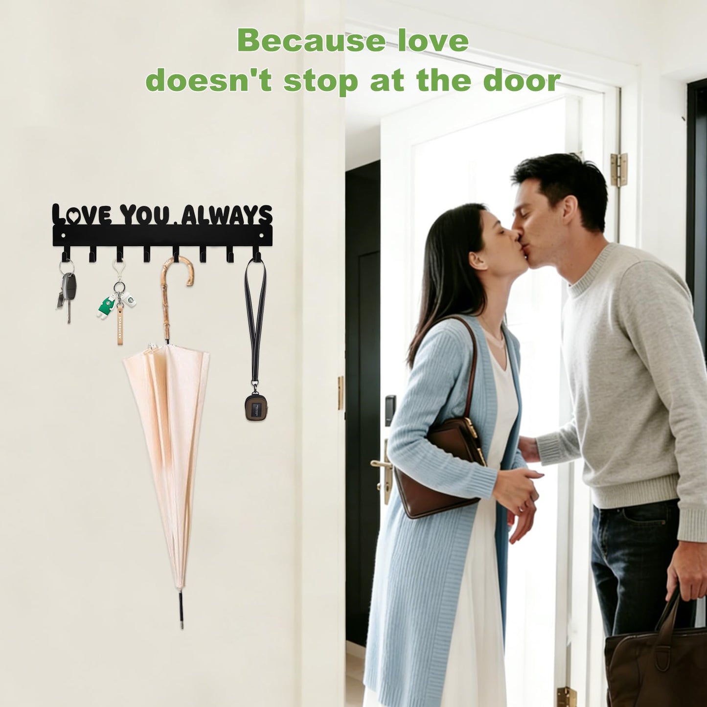 Key Holder Wall Mount & Love You Always Sign Key Holder, Key Hooks with 8 Hooks, Key Holder for Wall Self Adhesive, Key Rack for Wall No Drill for Entryway, Front Door, Hallway, Living Room - Black