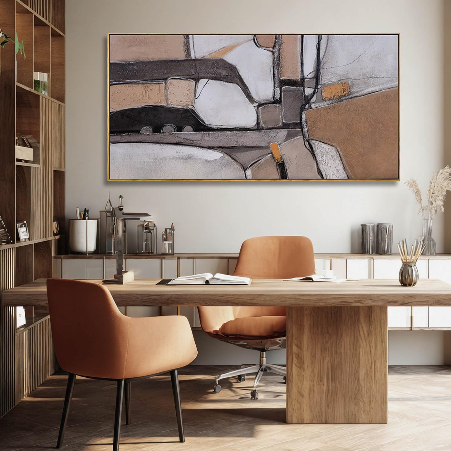 Brown Modern Neutral Abstract Canvas Wall Art 29x58 Inch, Large Framed Artwork with Wooden Frame, Contemporary Beige and Taupe Wall Decor for Living Room, Office, or Hallway
