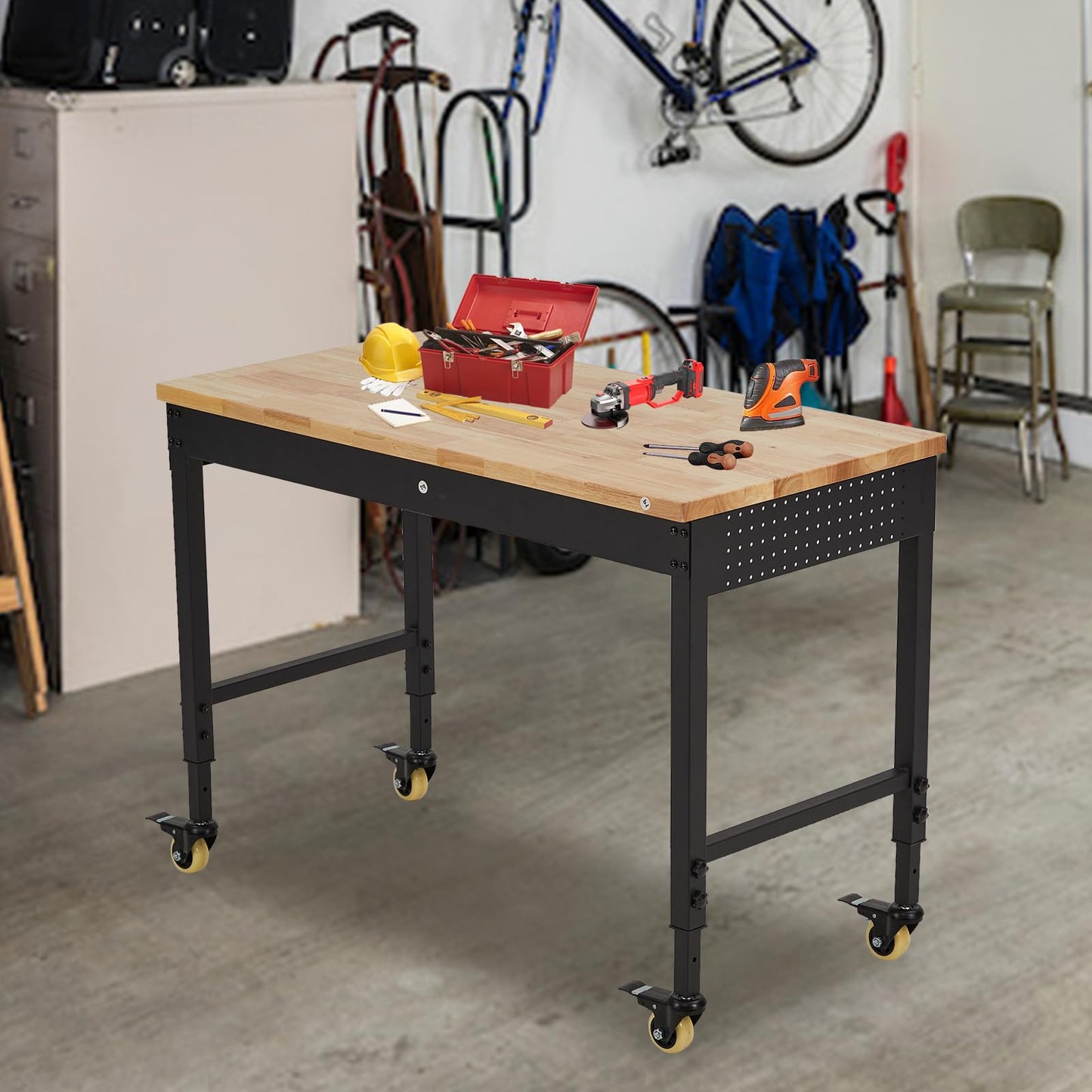 ACONEE Adjustable Workbench for Garage, 60" x 20" Heavy-Duty Rubber Wood Shop Table with Power Outlets & Wheels, 2000 LBS Load Capacity, Hardwood Workstation for Workshop, Garage, Office, Commercial
