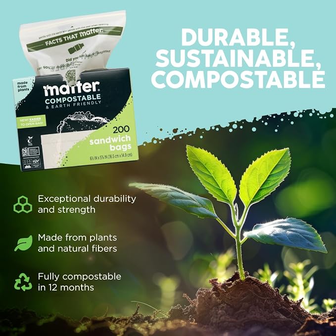 Matter Compostable Sandwich Bags for Food Storage, Eco-Friendly, Resealable, 200 Count