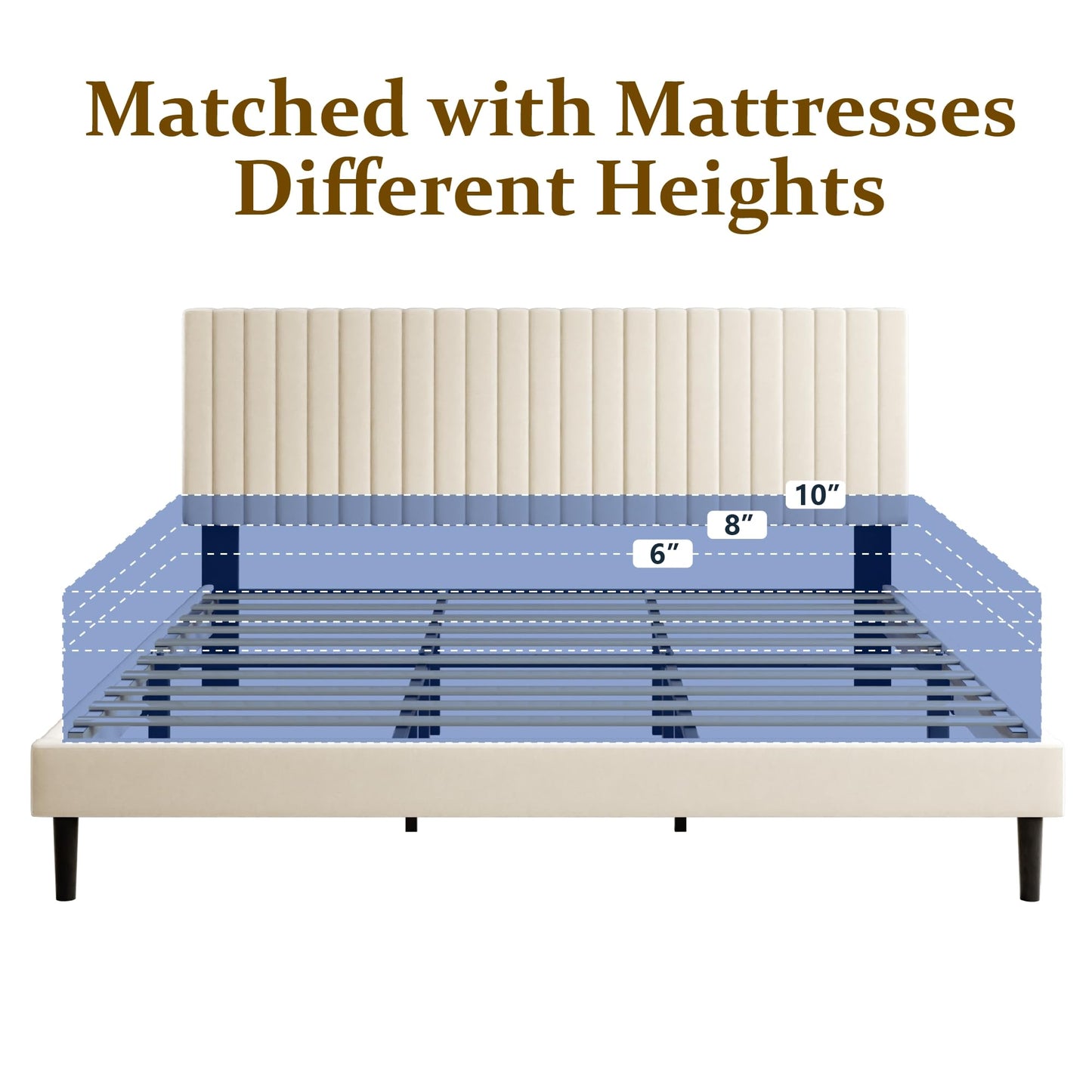 Sismplly King Size Bed Frame with Velvet Upholstered Headboard, Platform Bed with Strong Wood Slats, Mattress Foundation, Box Spring Optional, Easy Assembly, Beige