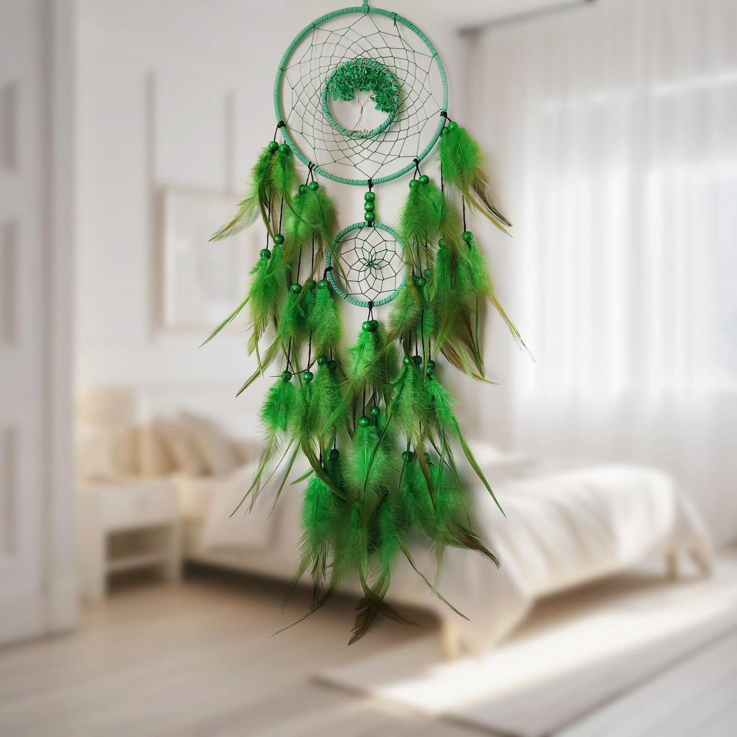 SOYUZU Green Dream Catcher Wall Decor Crystal Tree of Life Dream Catchers Handmade Feather Dreamcatcher Wall Hanging Ornament for Bedroom Living Room Home Decor
