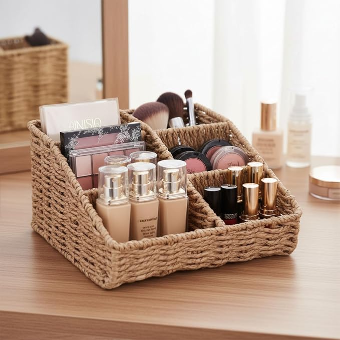 Makeup Organizer, Hand-woven Wicker Basket for Dresser Vanity and Bathroom Countertop, 6 Compartment Skincare Organizer Cosmetic Display Case, Beauty Holder for Lipstick Brush Eyeshadow Palette
