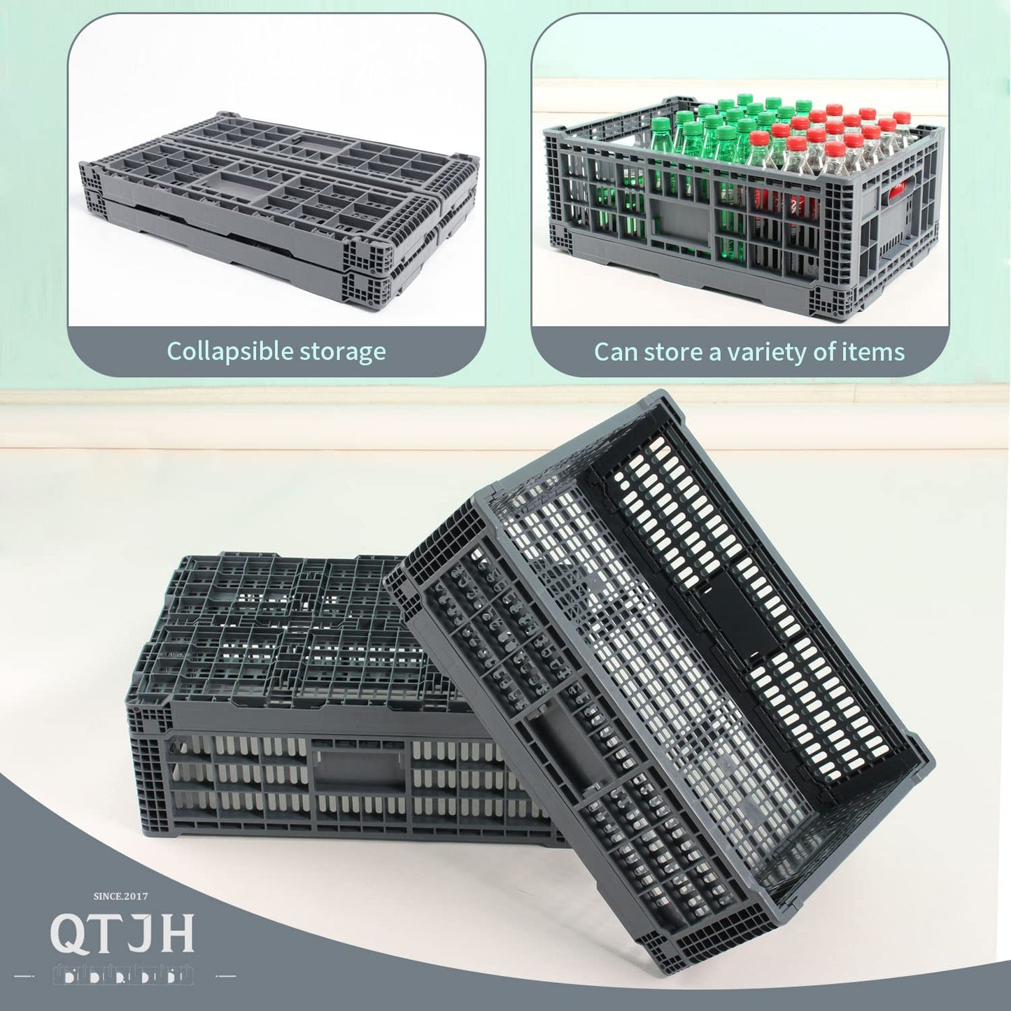 QTJH Collapsible Storage Bin/Containe, Transfer box,crate Transit storage of various items (Gray 23.6" L x 15.7" W x 8.6" H)