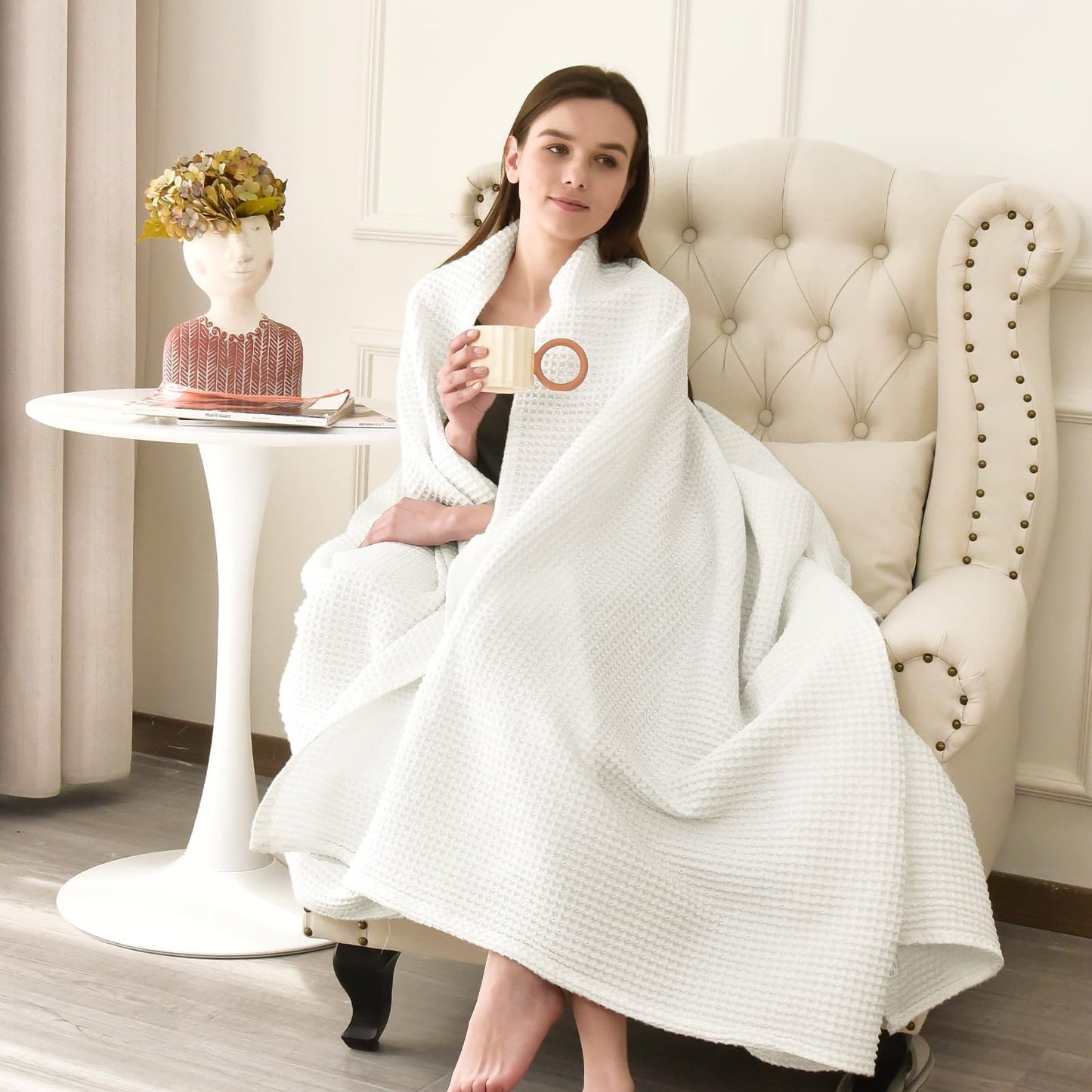 PHF Pre-Washed Cotton Waffle Weave Blanket Throw Size for Couch Bed,Snag Proof Spring Summer Lightweight Breathable,Oeko-TEX Certified,Machine Washable, Home Decor Gift,Cream