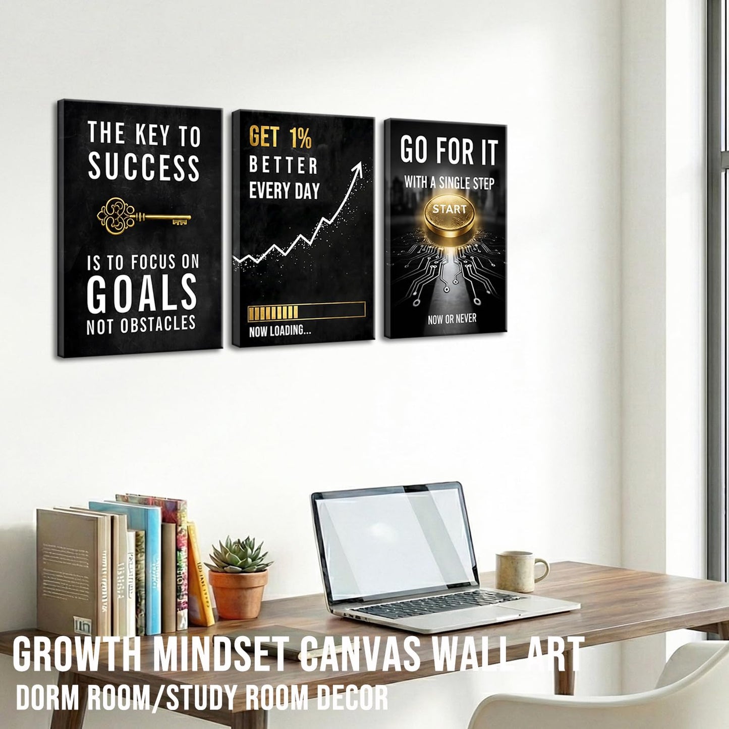 Motivational Office Wall Decor Get 1% Better Every Day Black and White Inspirational Wall Art, 3 Piece Focus on Goals Not Obstacles Quotes, Framed Modern Office Decor for Bedroom, Classroom, Entrepreneurs, Men & Boys
