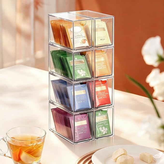 ELLDOO 8 Drawers Tea Bag Organizer, Clear Acrylic Stackable Tea Bag Storage Holder for Kitchen Pantry, Coffee Pod Snack Storage for Countertop Cabinet