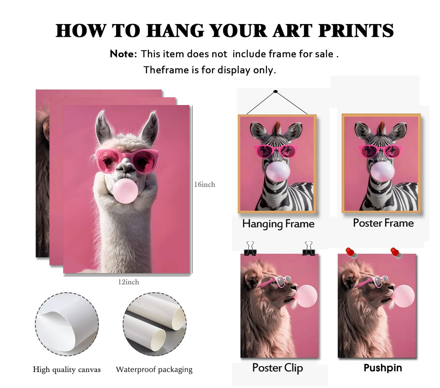 3 Pcs Funny Animal Canvas Wall Art, Pink Sunglasses Alpaca Zebra Lion Poster Prints, Modern Pop Art Wall Decor for Bedroom Bathroom Living Room Laundry Room, 12x16 Inch Unframed