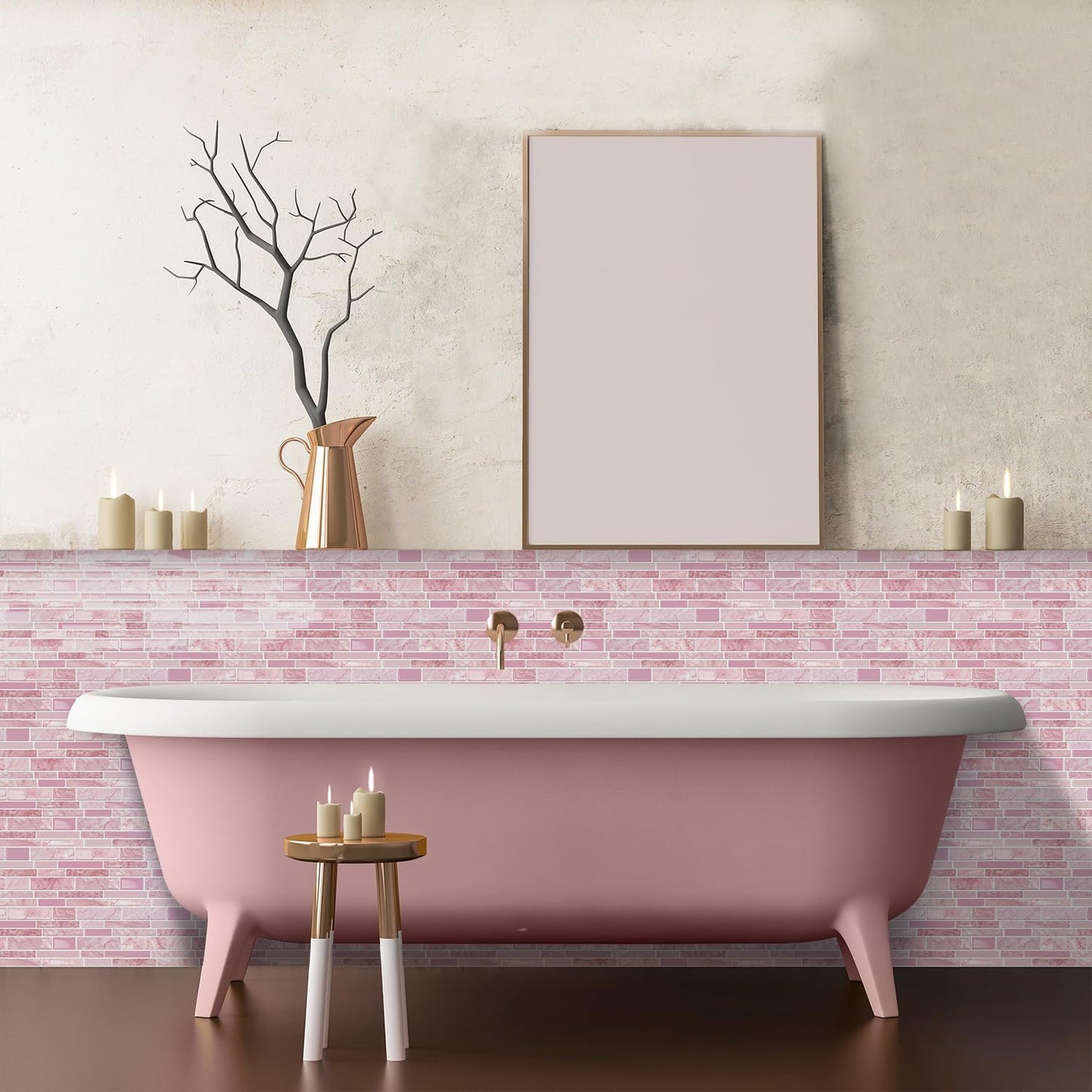 Alwayspon 9.69x4.72inchx10Pcs Marble Subway 3D Self Adhesive Wall Tile Sticker, Peel and Stick Adhesive Waterproof Backsplash Stick on Tile Decal for Kitchen Bathroom Wall, Pink