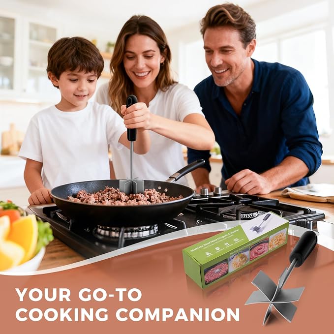 304 Stainless Steel Meat Chopper & Masher, Coinicxcel 10 Inch Heat Resistant Ground Beef Chopper Tool with 6 Curve Blades & Ergonomic Non-Slip Handle, Heavy-Duty Hamburger Smasher Tool Dishwasher Safe