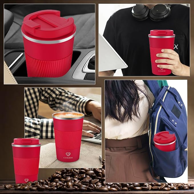 CS COSDDI 12 oz Stainless Steel Vacuum Insulated Tumbler - Coffee Travel Mug Spill Proof with Lid - coffee Cup for Keep Hot/Ice Coffee,Tea and Beer (Red)