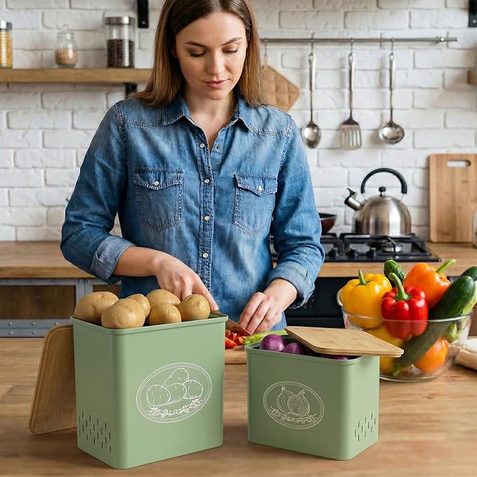 Lifewit Onion and Potato Storage Bin with Aerating Holes and Lid, Stackable Garlic Keeper, Plastic Vegetable Container Box for Kitchen, Green, Set of 2